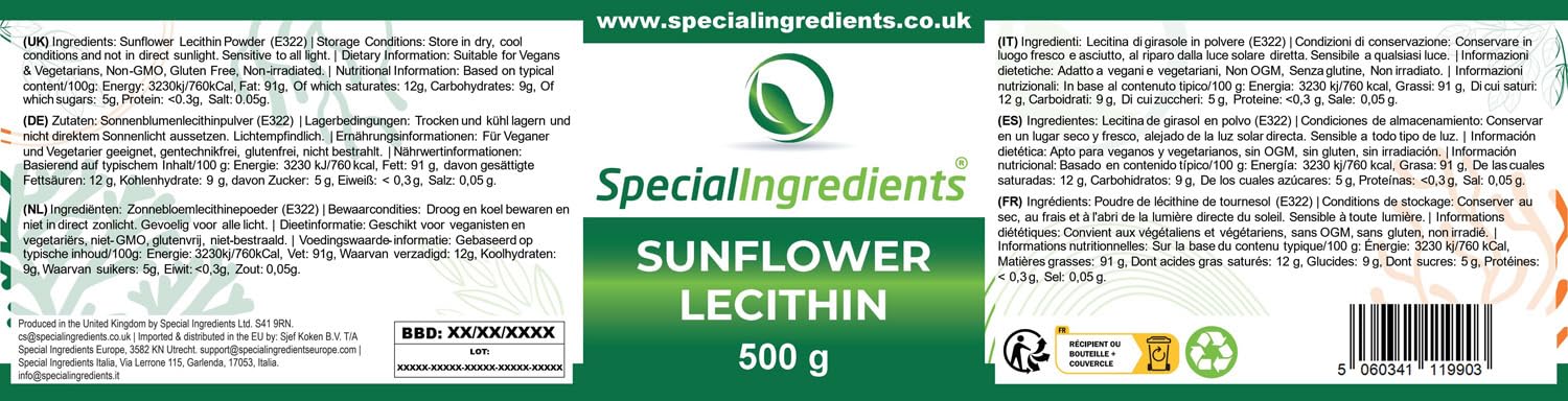 SONNENBLUMENLECITHIN-PULVER 500g HÖCHSTER QUALITÄT GVO-FREI (DEUTSCHE ETIKETTEN UND ANLEITUNGEN)