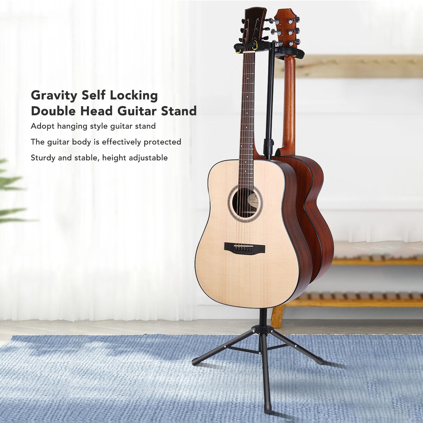 Generic Stojak na Gitarę Podwójny Antypoślizgowy, Odporny na Zarysowania Uchwyt z automatyczną blokadą do Akustycznych Elektrycznych Gitar Basowych Metal