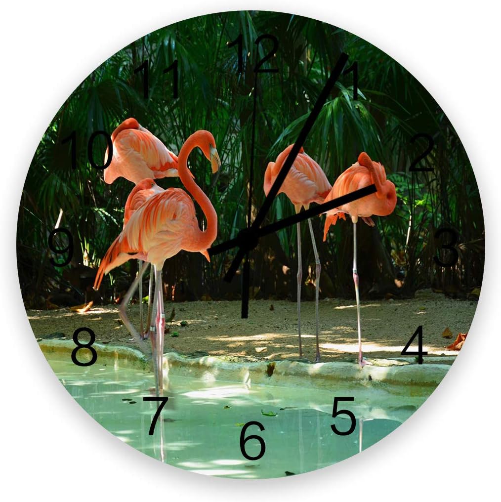 Home Decor 12 Inch Round Wooden Clock, Natual Flamingo Green Creek Jungle Silent Non-Ticking Arabic Numeral, Battery Operated Clock Wall Decor for Living Room, Kitchen, Bedroom, or Office