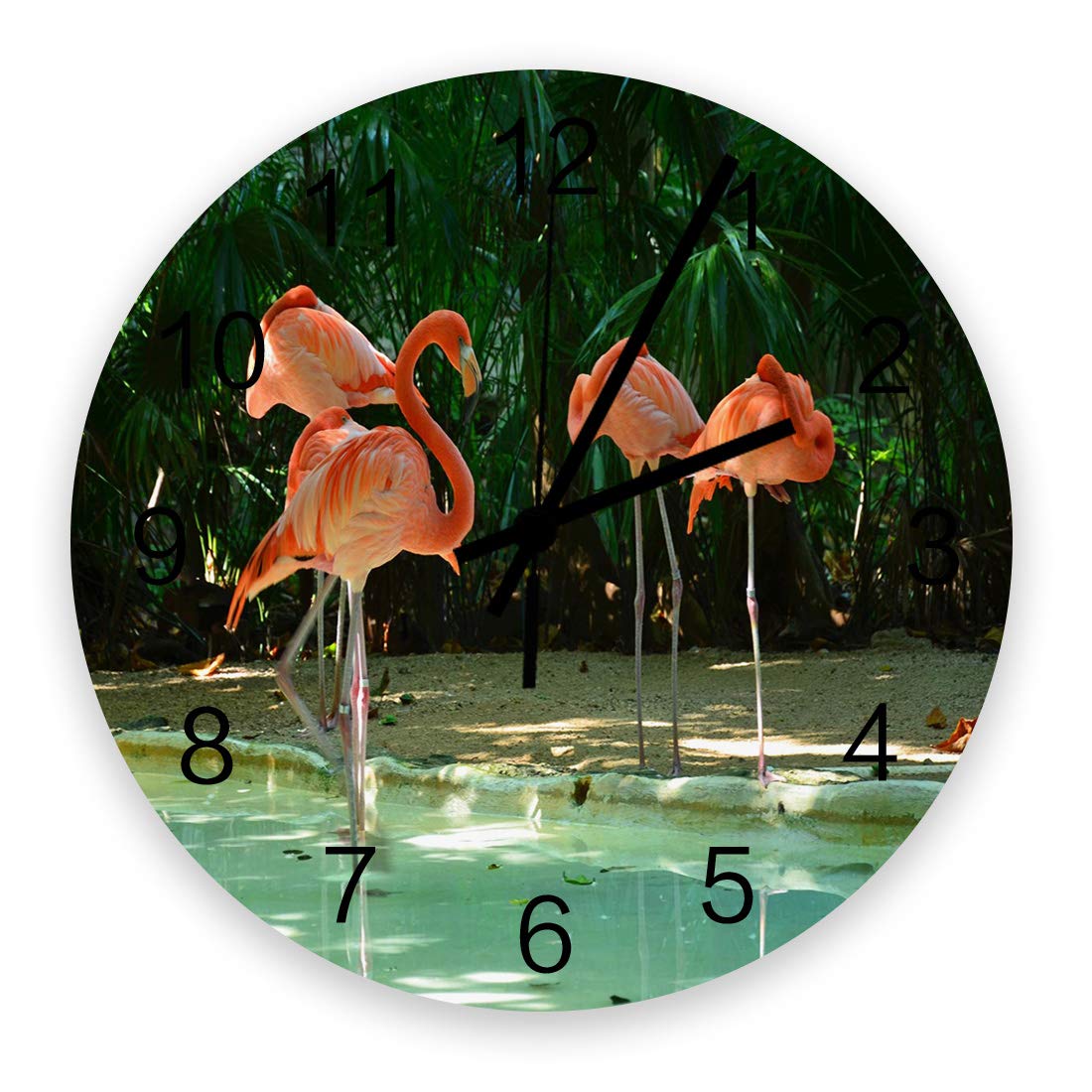 Home Decor 12 Inch Round Wooden Clock, Natual Flamingo Green Creek Jungle Silent Non-Ticking Arabic Numeral, Battery Operated Clock Wall Decor for Living Room, Kitchen, Bedroom, or Office