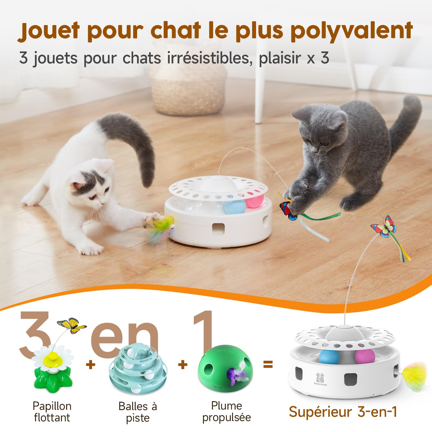 Potaroma Jouet Interactif Automatique 3-en-1 pour Chats d’Intérieur – Plumes Mobiles, Papillon Volant & Balles de Piste, Double Alimentation USB ou Piles