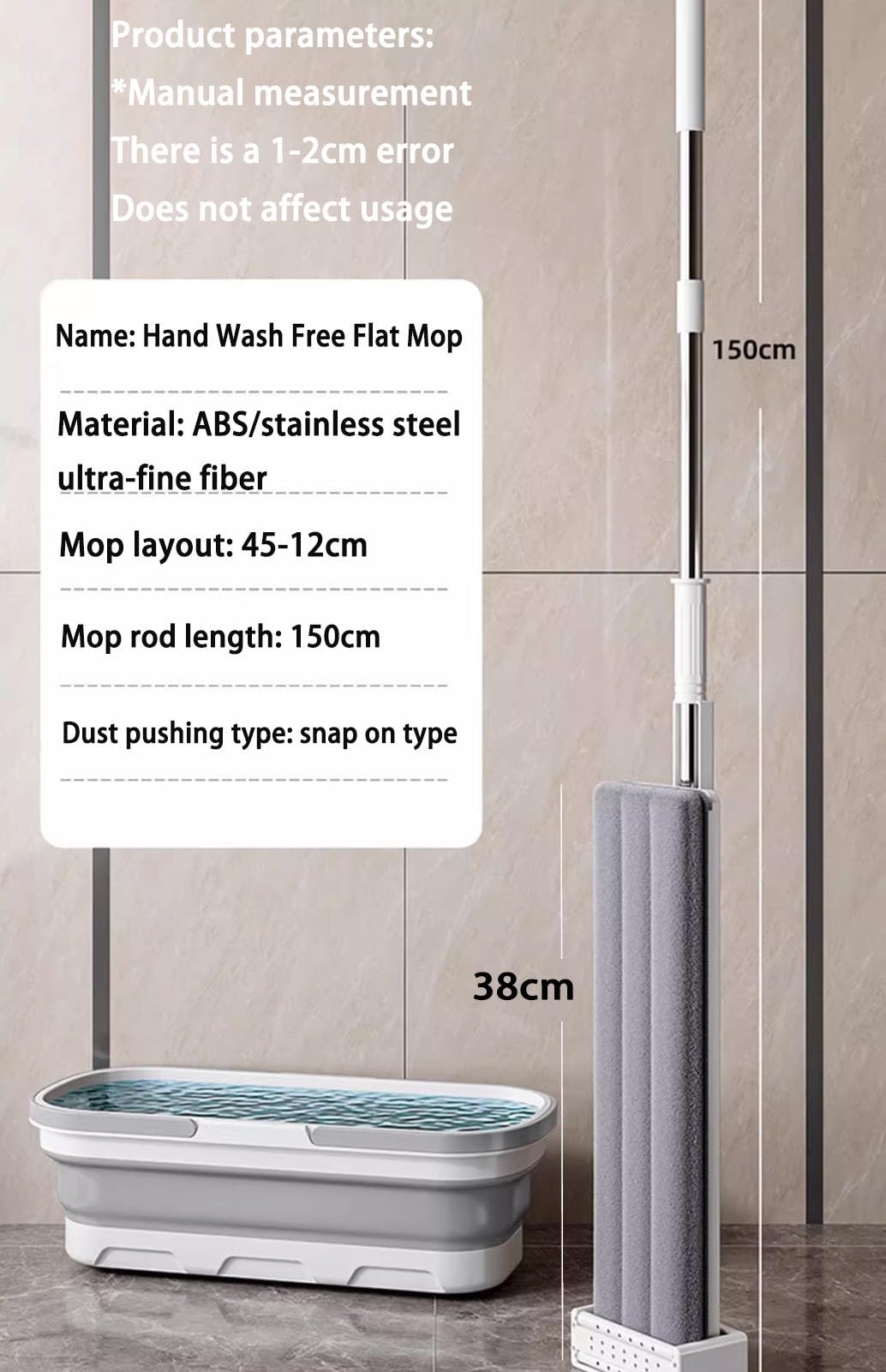 Traje de Cubo y Fregona, Fregona Autoescurrible con Clip de Pared y Almohadilla de Microfibra Reemplazable, para Limpiar Suelos de Madera, Laminados, Azulejos y Mármol,A,38X150cm