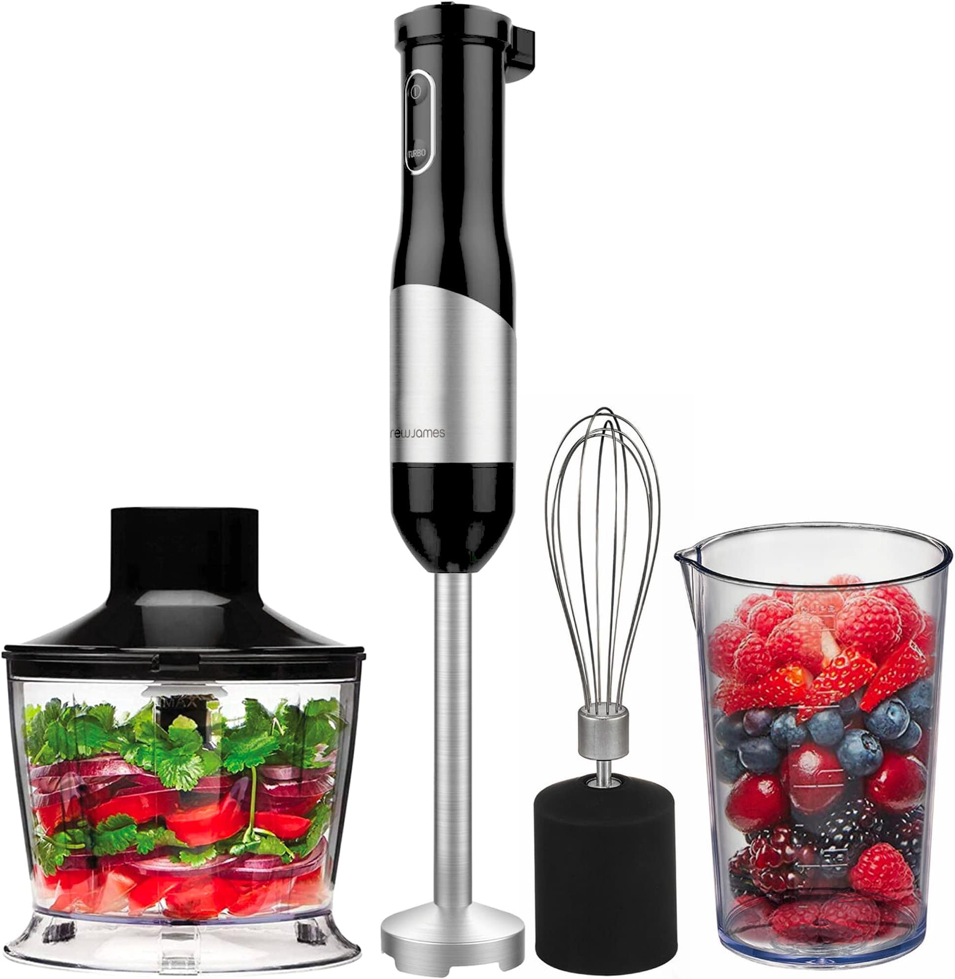 Andrew James Hand Blender 3 in 1 Set Electric with Whisk & Chopper Plus Bowl & Beaker | 20 Speed Plus Turbo | Great for Soup Sauces & Baby Food | 800W | Black & Stainless Steel