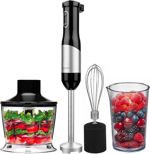 Andrew James Hand Blender 3 in 1 Set Electric with Whisk & Chopper Plus Bowl & Beaker | 20 Speed Plus Turbo | Great for Soup Sauces & Baby Food | 800W | Black & Stainless Steel