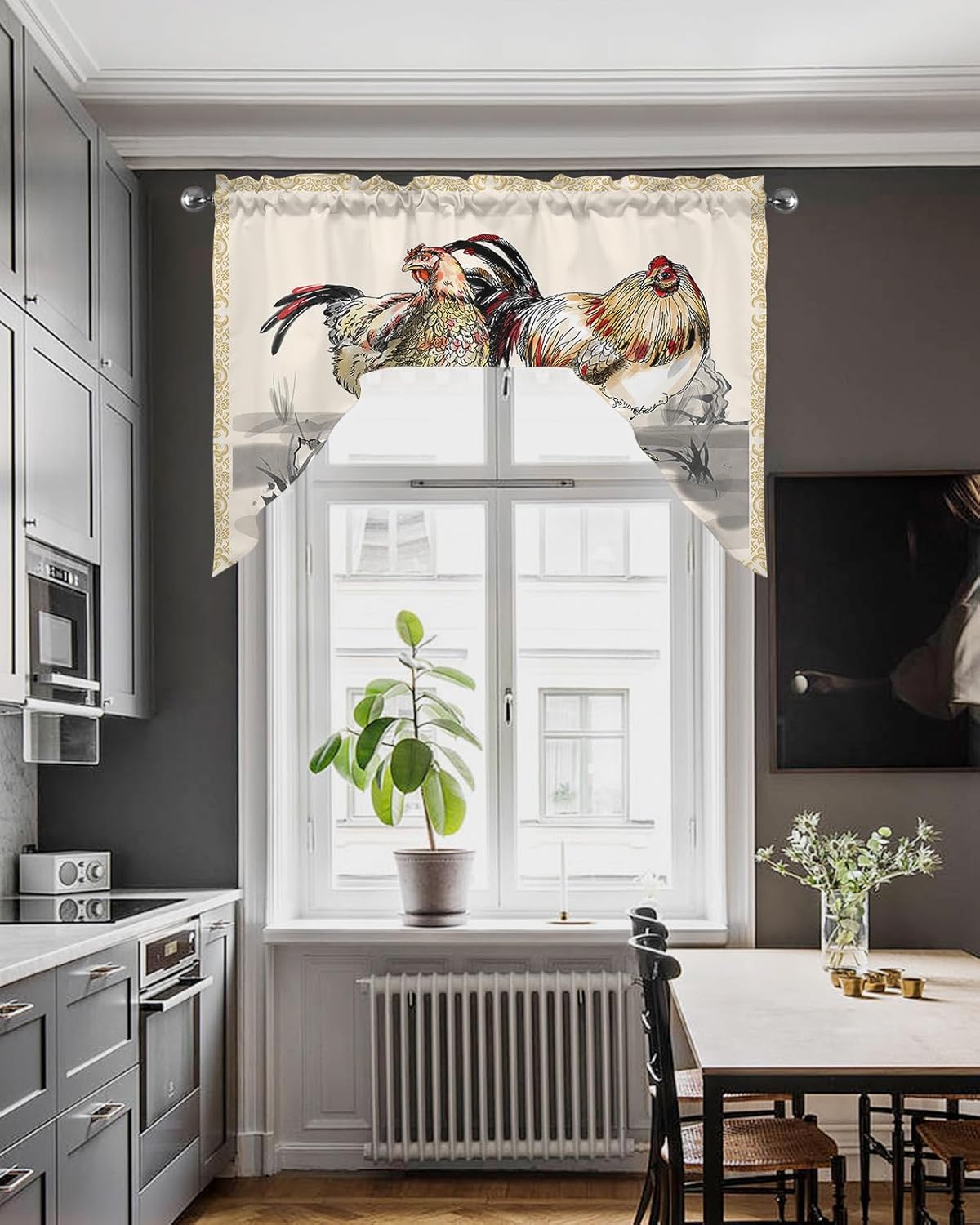 Swag Curtain Valances for Kitchen Windows, Farmhouse Chicken Flower Ink Painting Beige Rod Pocket Small Windows Treatment Curtain Panel for Cafe Bathroom Farmhouse Dining Room