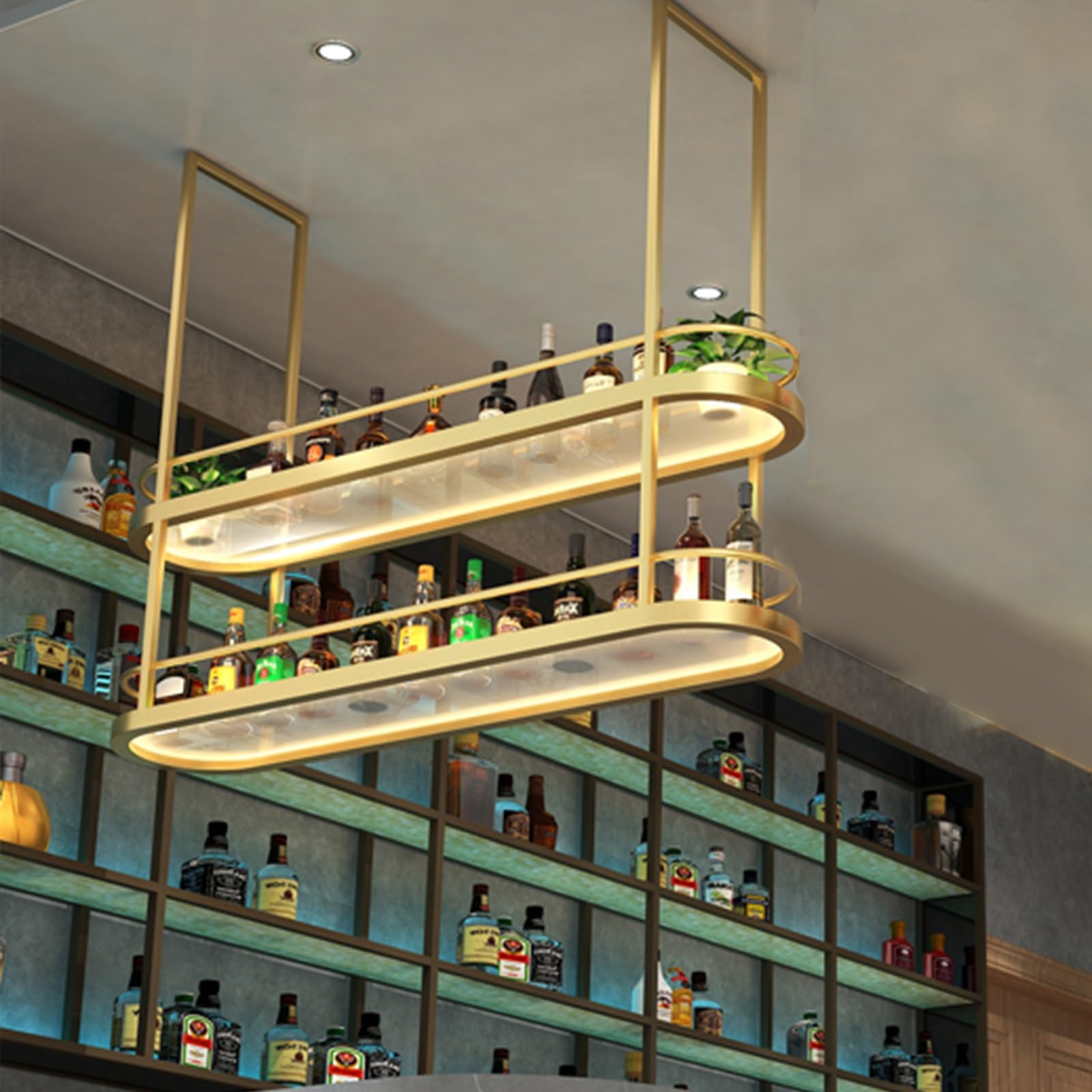 Floating Black and Gold Liquor Bottle Display Shelf with Hanging Goblet Rack Industrial Style Wine Storage Racks for Living Room Bar Unit Metal Inverted Storage Rack with,Black 103 * 34 * 54cm