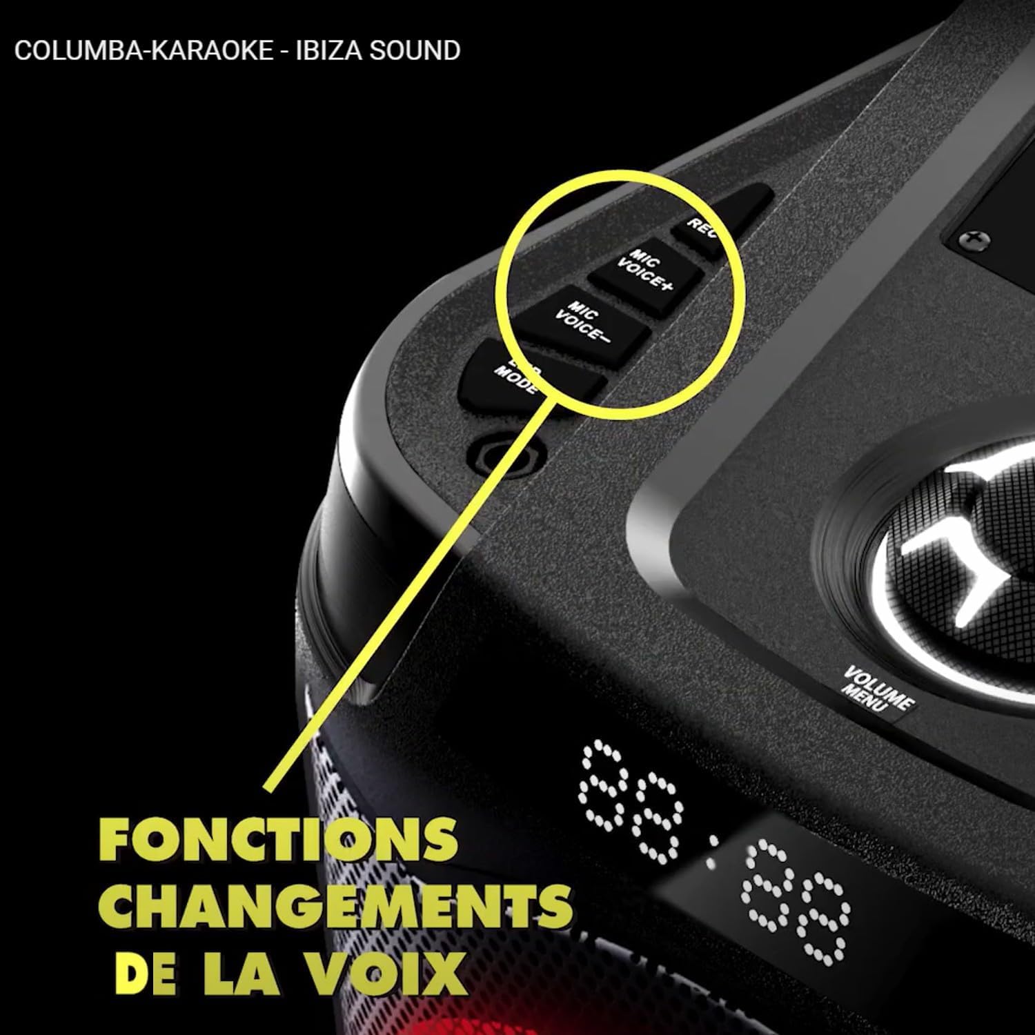Close-up of the speaker's control panel, highlighting the voice change function buttons (MIC VOICE+ and MIC VOICE-).
