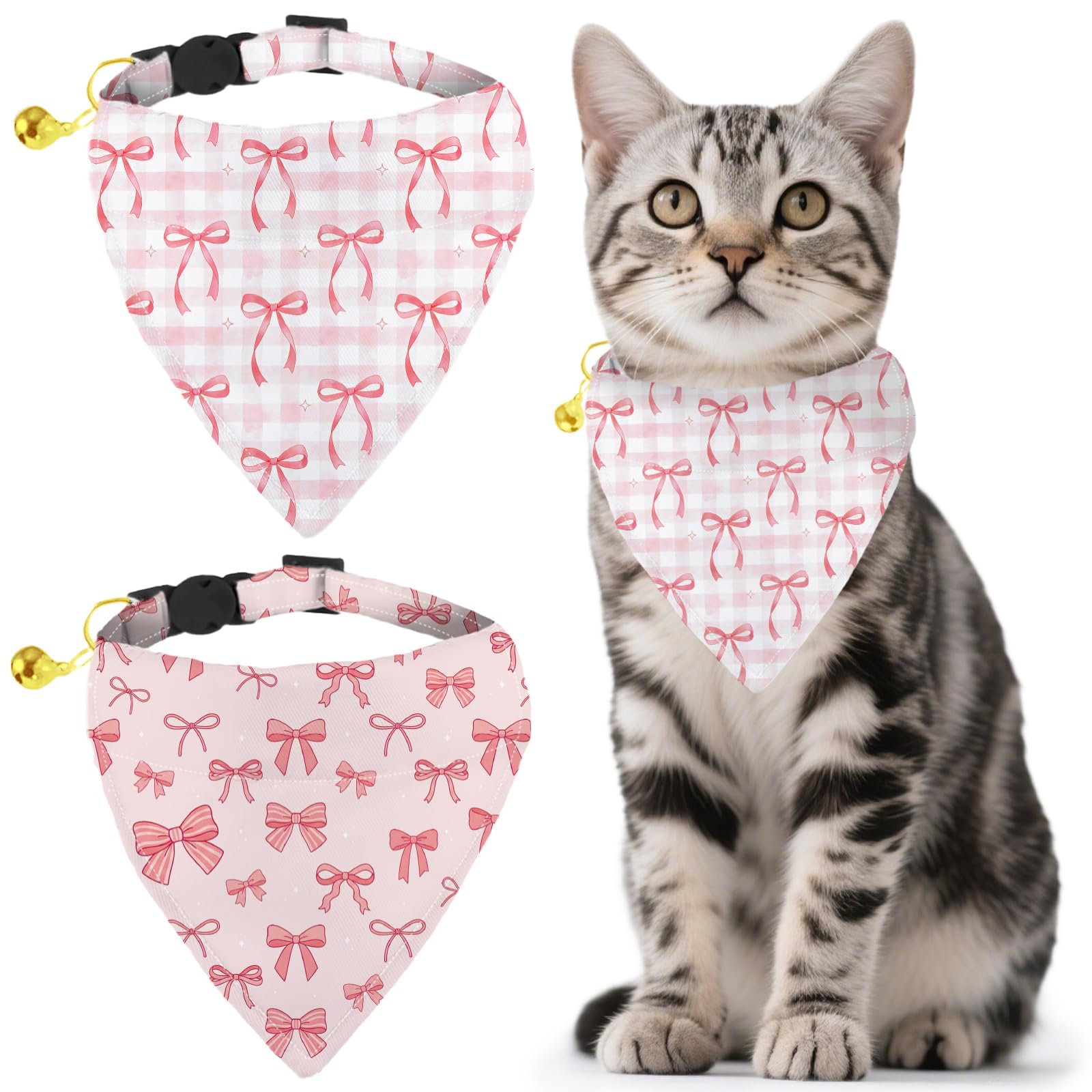 GLOBLELAND 2 Pack Pink Bow Dog Bandana Collar Pet Triangle Bibs with Bell Lady Adjustable Dog Collar Cat Collars Scarf for Pets Kittens Puppy Cats Dogs
