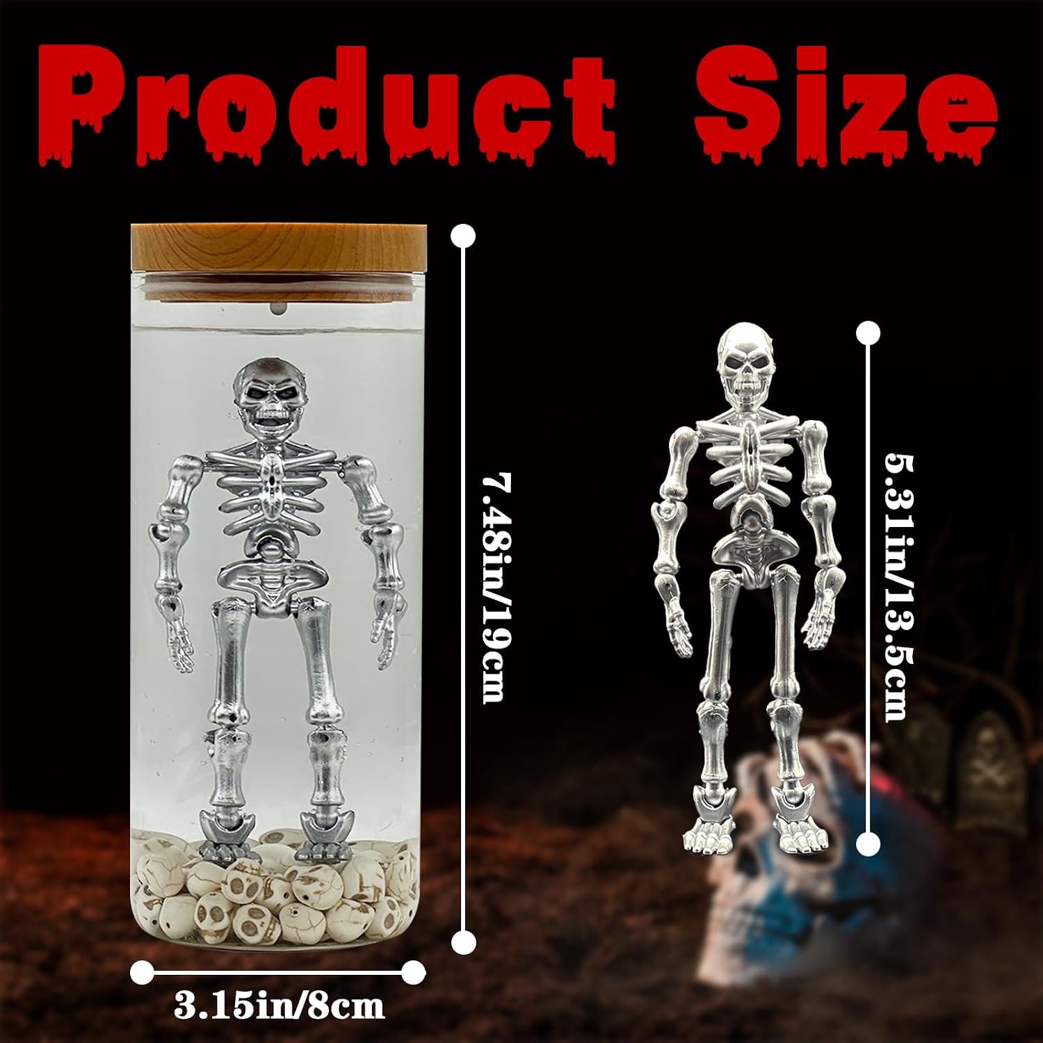 Skeleton Water Lamp – Spooky Horror Skeleton in Jar with Skulls, Creepy Halloween Decoration, Scary Horror Decor for Home, Party, or Collector Gift (Silver)