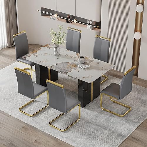 Miniatura 25 de Juego de mesa de comedor moderno de 71 pulgadas para 6, juegos de comedor para 6, mesa de mármol sintético de cocina y sillas de piel sintética,