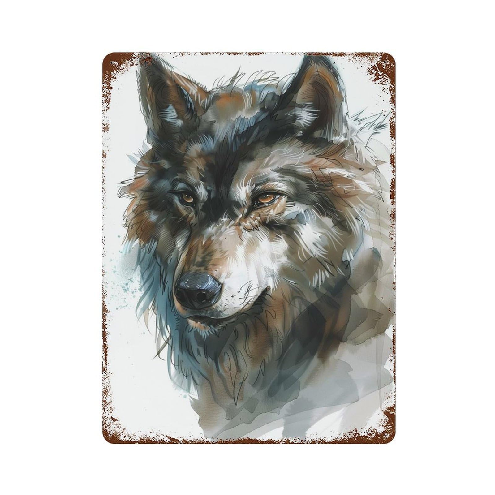 Retro Metal Sign with Wolf Watercolor Portrait Design 15.7"x11.8", for Living Room, Hallway And Home Decor, Farmhouse Wall Decor