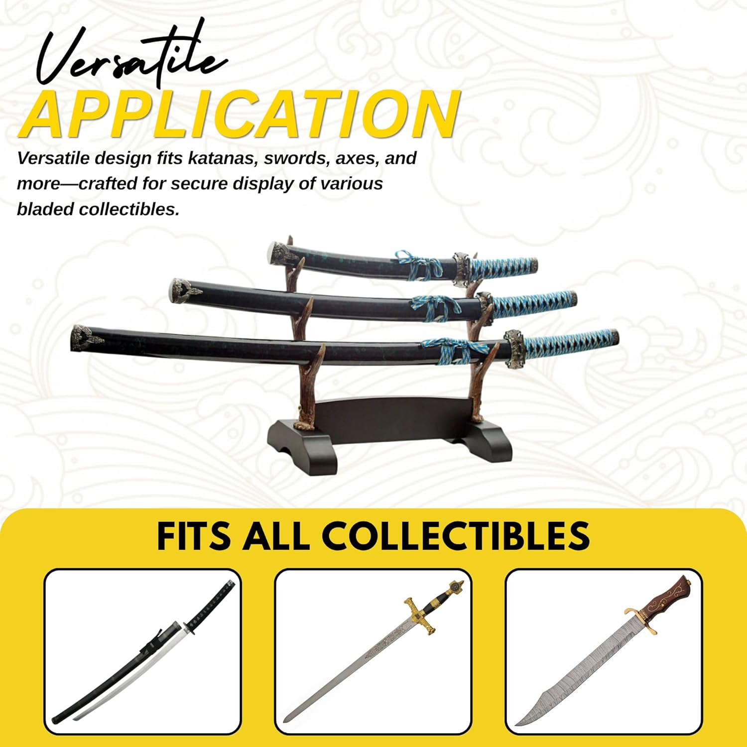 SZCO 3-Tier Antler Sword Stand – Faux Antler & Wood Katana Stand and Sword Holder for Samurai, Ninja, or Lightsaber Display – Rustic Display Rack for Shelf or Wall – Holds 3 Swords or Wands – Stands for Display