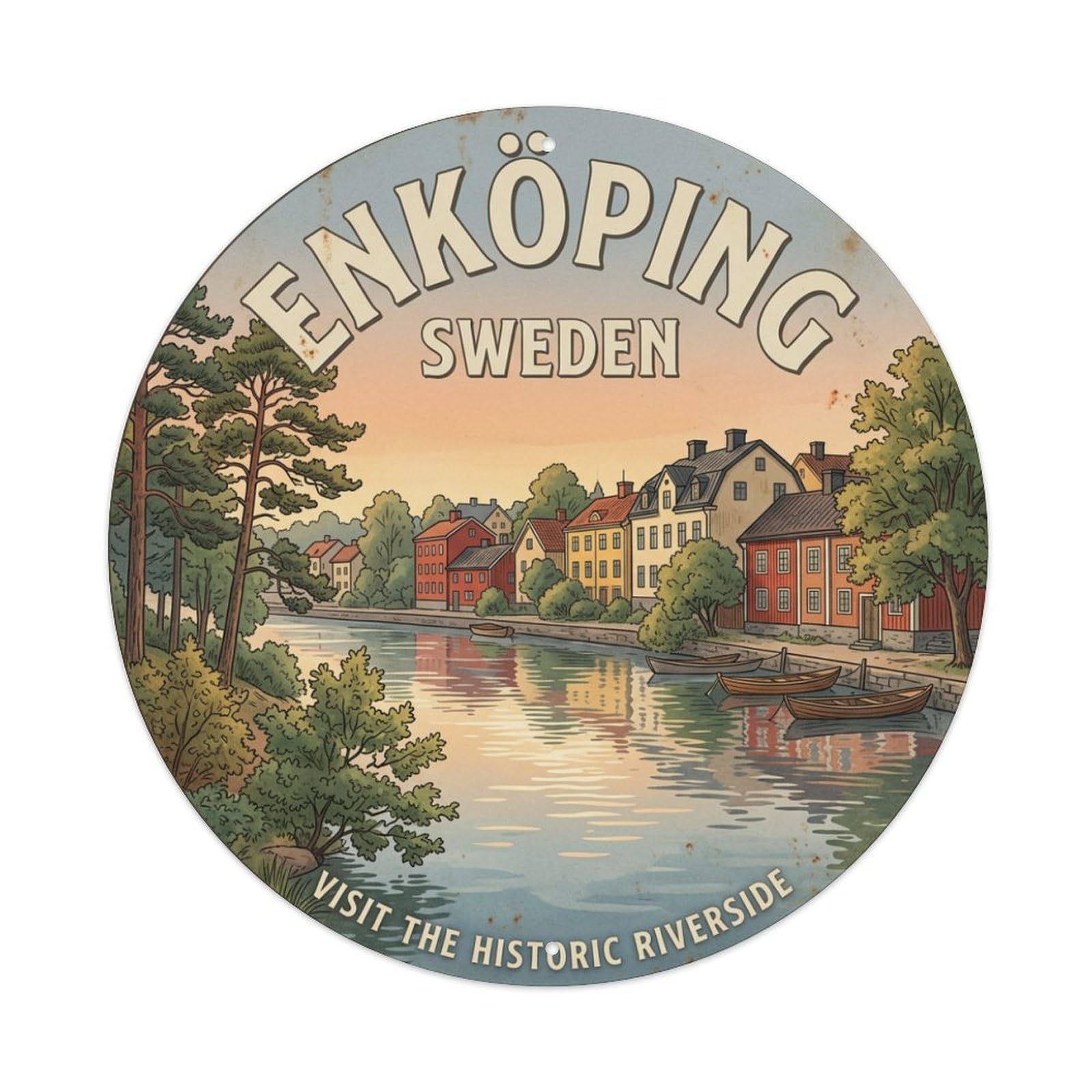 Vintage Travel Enkoping Sweden Riverside Metal Tin Sign
