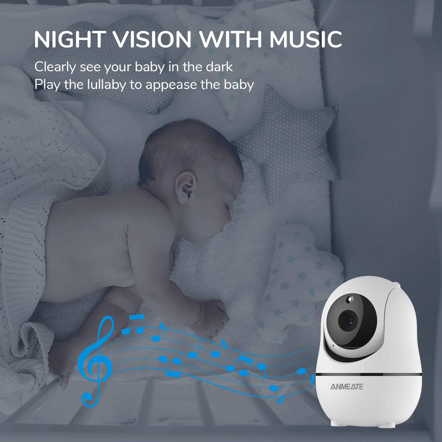 ANMEATE Baby Monitor con fotocamera e audio -3,5 pollici ampio display LCD, panoramica remota, inclinazione e zoom fotocamera, audio bidirezionale, monitoraggio della temperatura, ninna nanna, visione