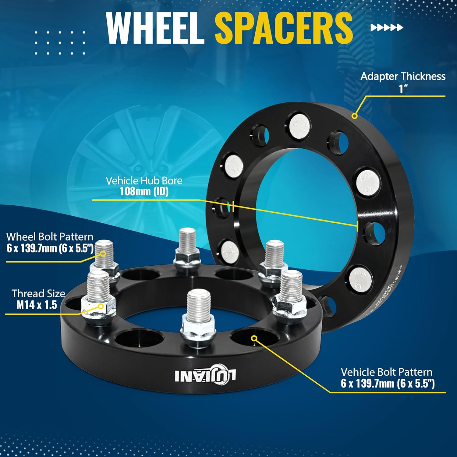 4 Pack 6x139.7mm Wheel Spacers for 2007-2013 Express 1500 Avalanche Escalade EXT, 1" Forged Hubcentric Tire Spacer, M14x1.5 Thread Studs & 108mm Centric Bore, 6x5.5 Hub Centric Wheel Adapters - Image 3