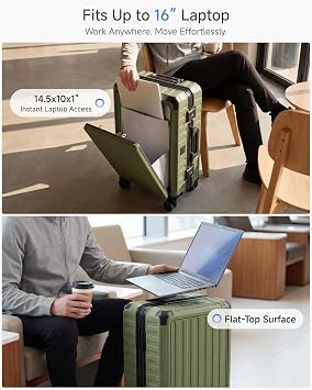 LUGGEX Zipperless Carry On Luggage with Spinner Wheels 22.5 x 15.5 x 9.6, SF81 Aluminum Polycarbonate Hard Shell Front Opening Suitcase, TSA & Cup Holder (ZX-Pro, Olive Green)
