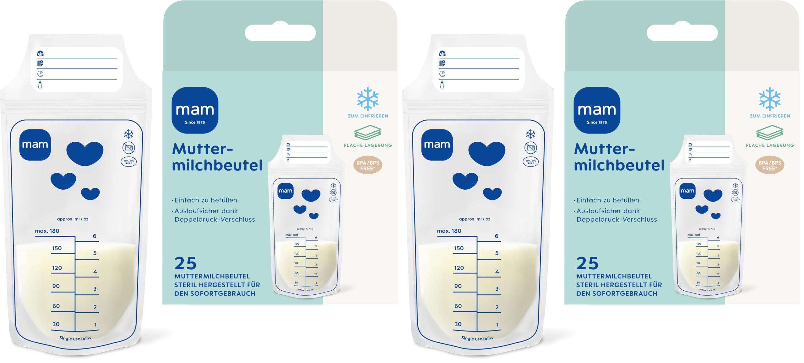 MAM Muttermilchbeutel | Stillbeutel aus BPA- & BPS-freiem Material | Auslaufsichere Milchbeutel mit Doppeldruckverschluss | Praktischer Standboden | Flach & platzsparend | 180 ml | 25 Stück