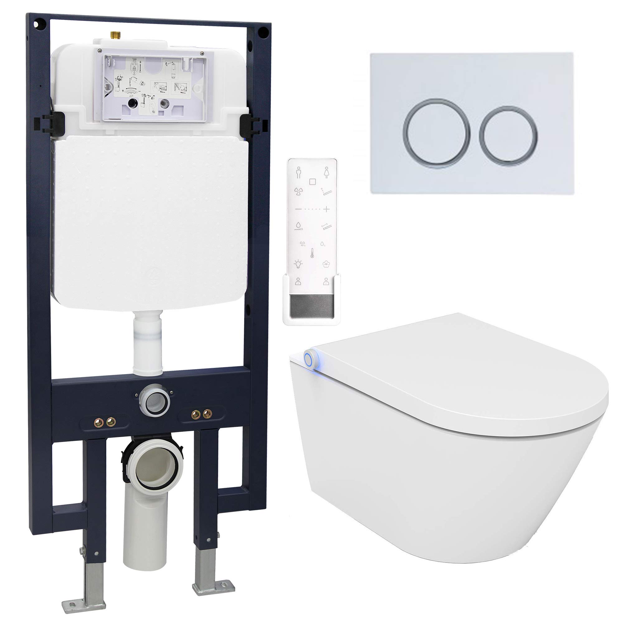 BERNSTEIN - Pack WC japonais + Bâti-support plaque Blanc mat, Toilettes suspendu lavant céramique + télécommande, jet douche, séchoir air chaud, filtre à odeurs, Chasse 180°, 59x38x38cm - Pro+1102