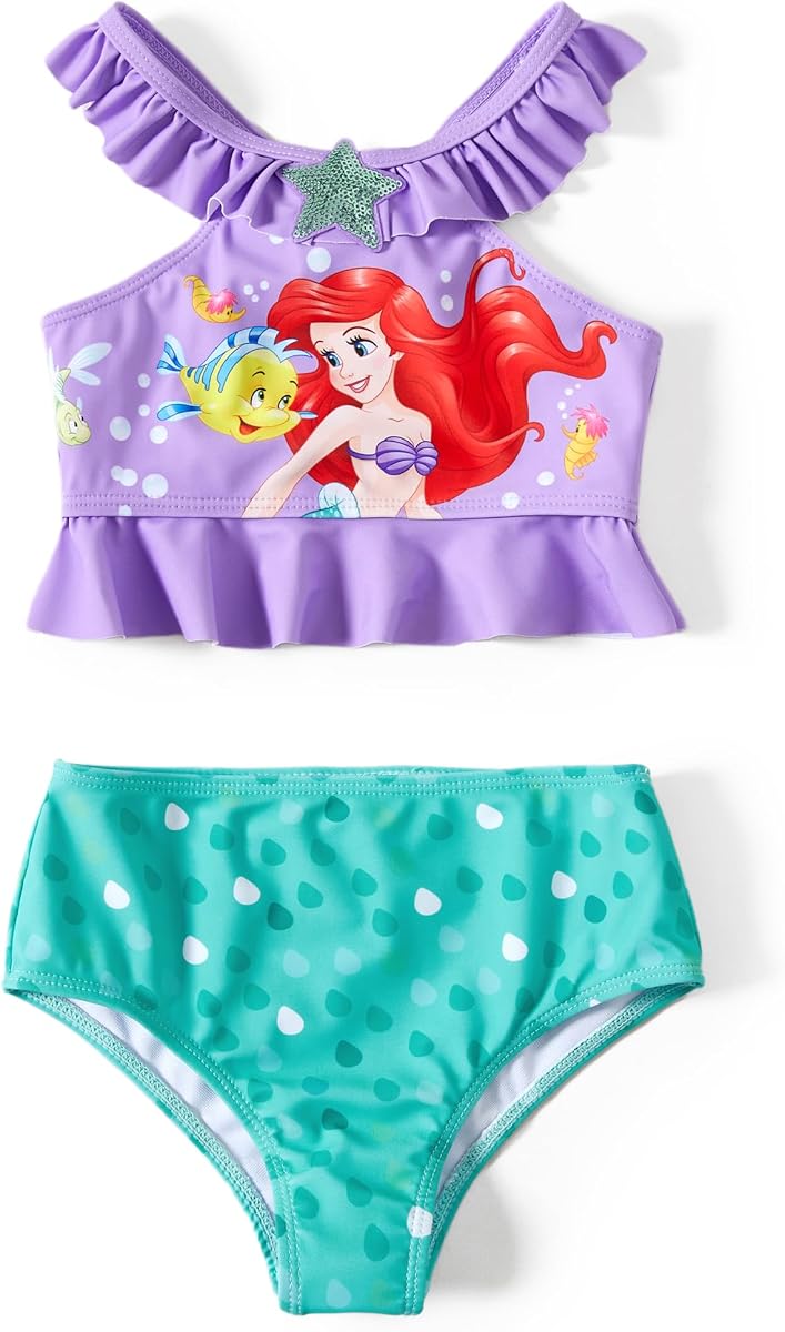 Disney Conjunto de traje de baño de dos piezas con parte inferior de bikini tankini y pajarita para niñas pequeñas