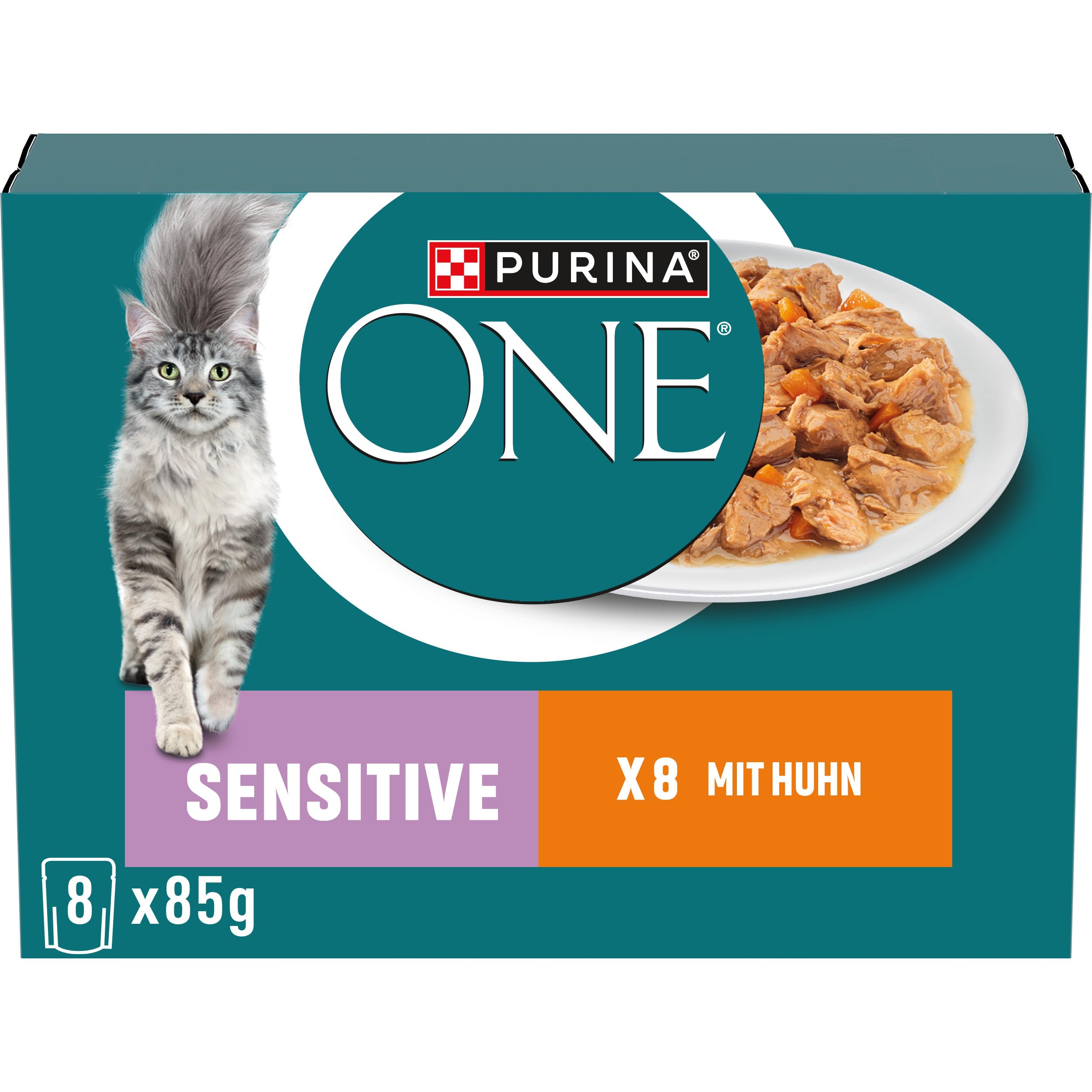 Purina One Sensitive Katzenfutter nass mit Huhn und Karotten in Sauce, für gesunde Verdauung, für empfindliche Katzen, 10er Pack (10 x 8 x 85g)