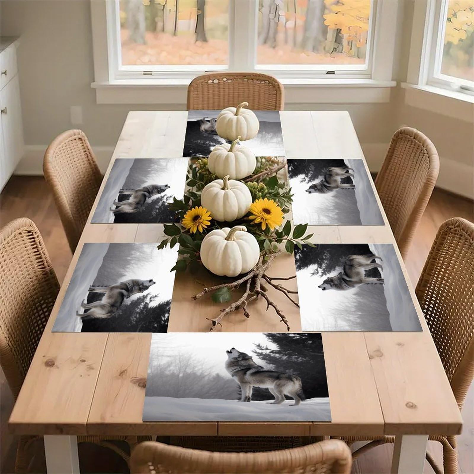 Howling Wolf Placemats Heat-Resistant Washable Place Mats Anti Slip Dining Table Place Mats Wipeable Dining Table Mats Kitchen Decoration Placemats 17.7’’×11.8’’