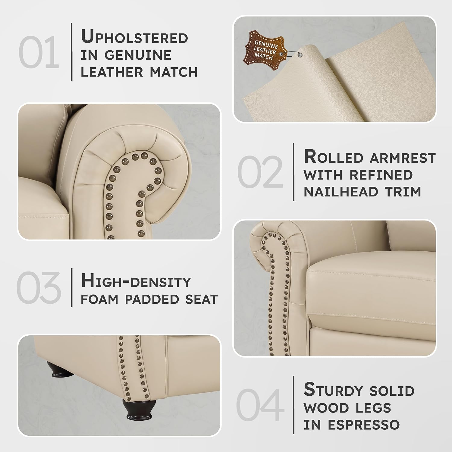 Lexicon Leather Match Couch for Living Room with Wood Frame, Rolled Armrest & Nailhead Trim, Top Grain Leather Match Sofa for Bedroom, Office, Waiting Room, 3-Seater Sofa, Cream​