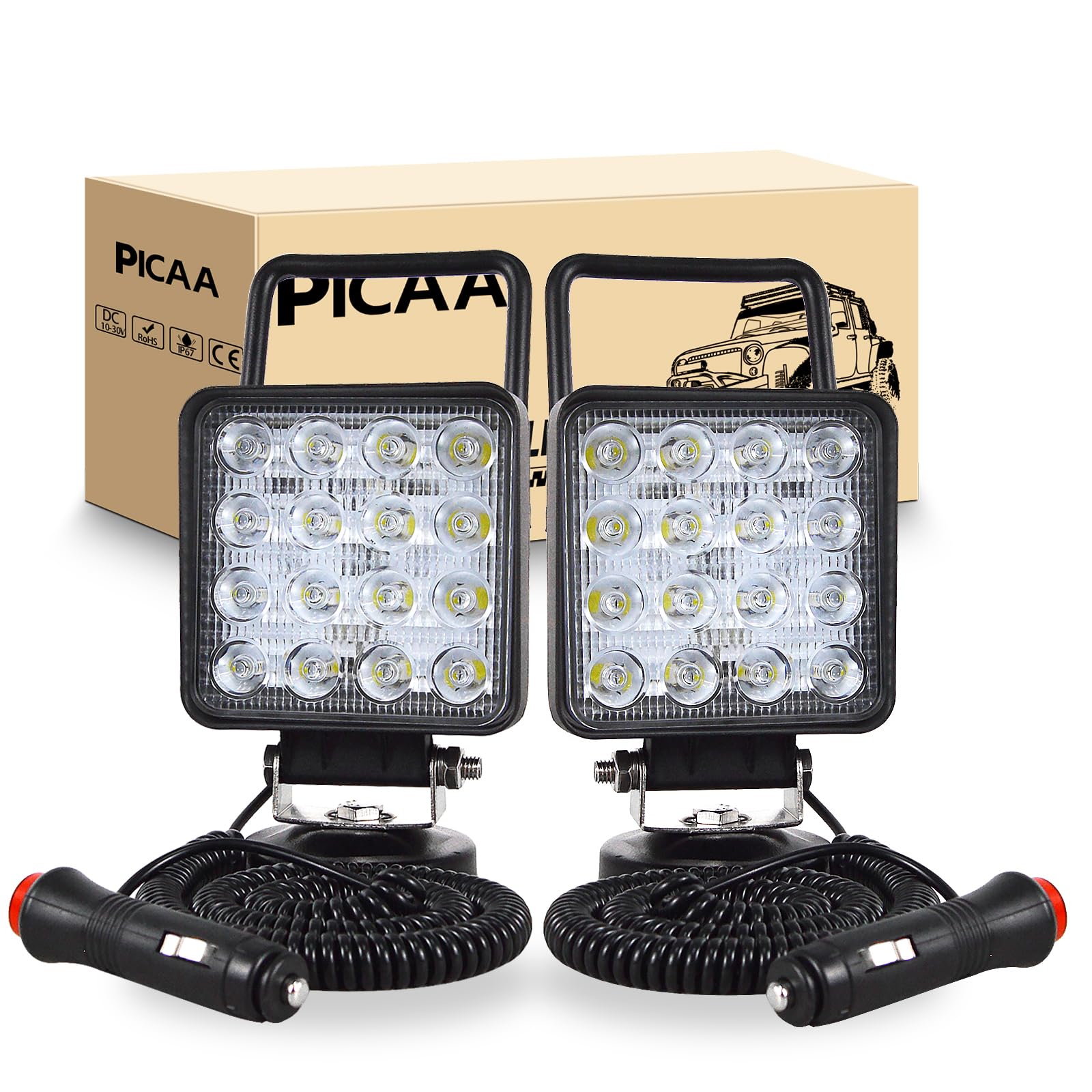 PICAA 2PCS 4 pouces 10.5CM 48W carré Portable LED lumière de travail Spot base magnétique 12V 24V 6000K LED Conduite Lumière Feux de Recherche pour Voiture Hors Route Camion 4x4 SUV ATV Tracteurs