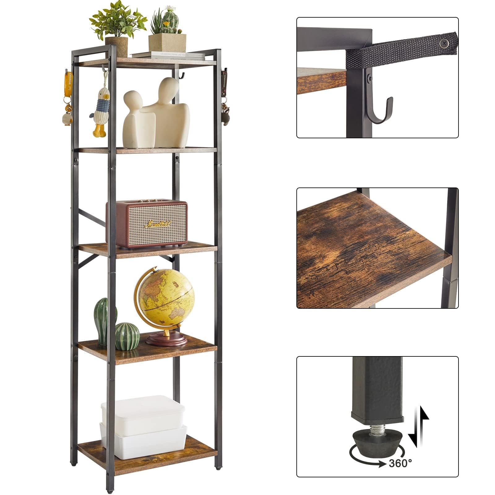 YMYNY Librería de 5 Niveles, Estantería, Biblioteca, Altura 147 cm, Estantería para Oficina, Marco Metálico, Industrial, para Sala de Estar, Estudio Oficina, Cocina, Marrón Rural HBC005H