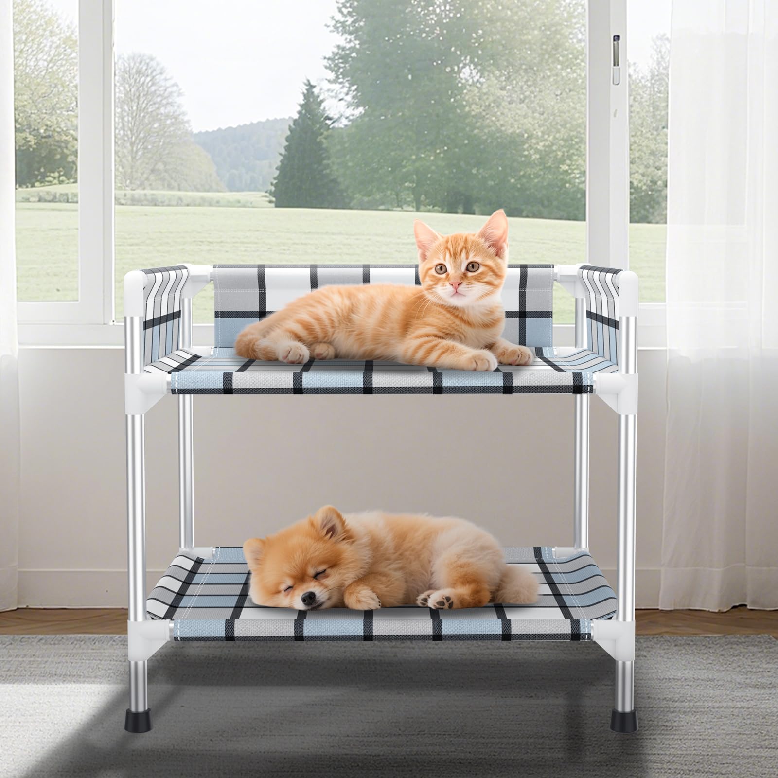 Bedside Window Dog Bunk Bed - Double Elevated Human Dog Bed with Guardrail 2 Layers Window Perch Dogs Cot 2-Tier Bedside Sleeper for Multi-Pet Households (20'' x 20'' x 25'')