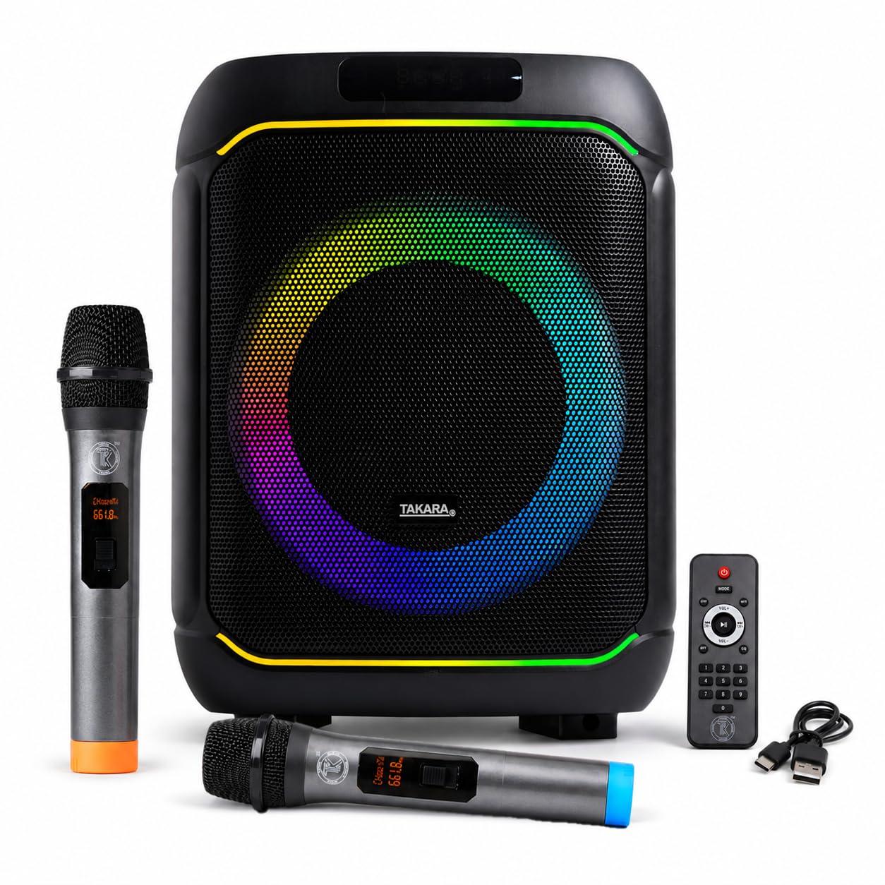 Takara Newly Launch T-4444 Super Version Karaoke Party Speaker with 2 Wireless Mic RGB Light, Bluetooth V5.4, Easy Handle, USB, Aux, Type C Charging Rechargeable Battery and Mobile Holder(Black)-image-6