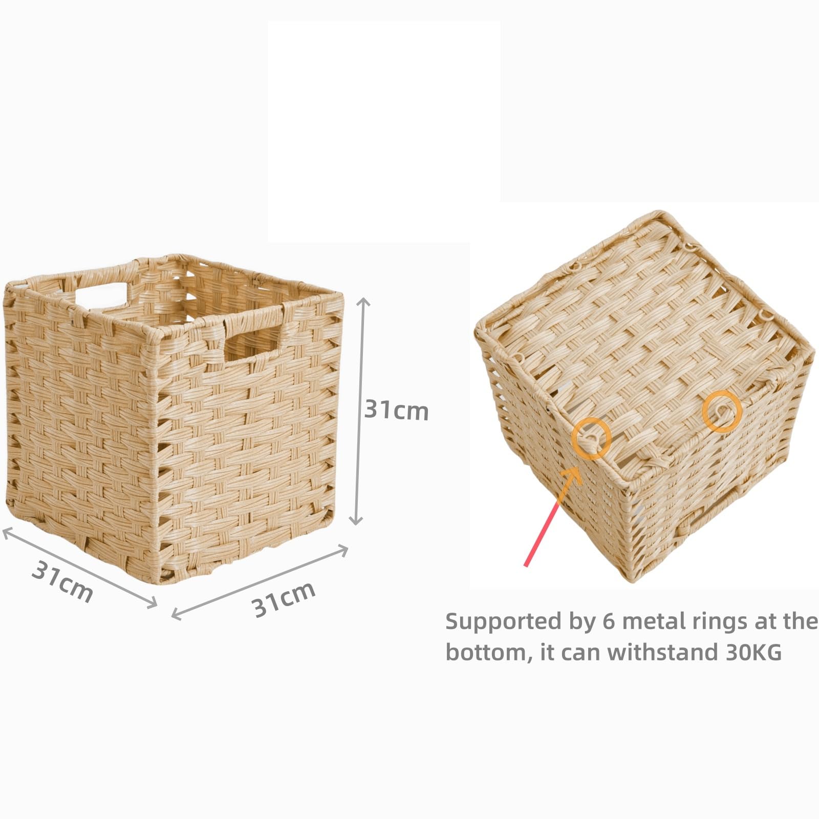 Scatola portaoggetti, 31 x 31 x 31 cm, in finta rattan Kallax, per giocattoli, vestiti, cameretta dei bambini, impermeabile, non ammuffito (4 pezzi, beige chiaro)