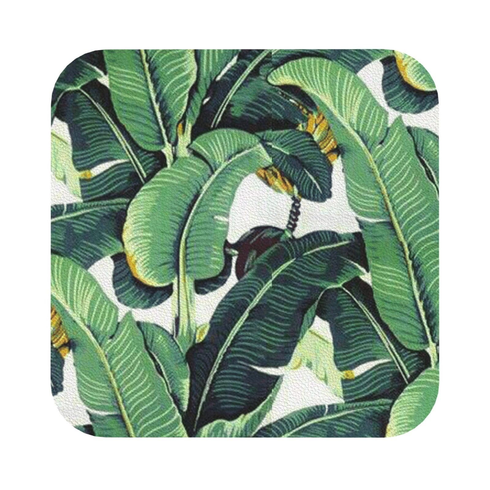 Tropical Banana Palm Leaves PU Leather Coasters Set of 6 Square Drink Coasters