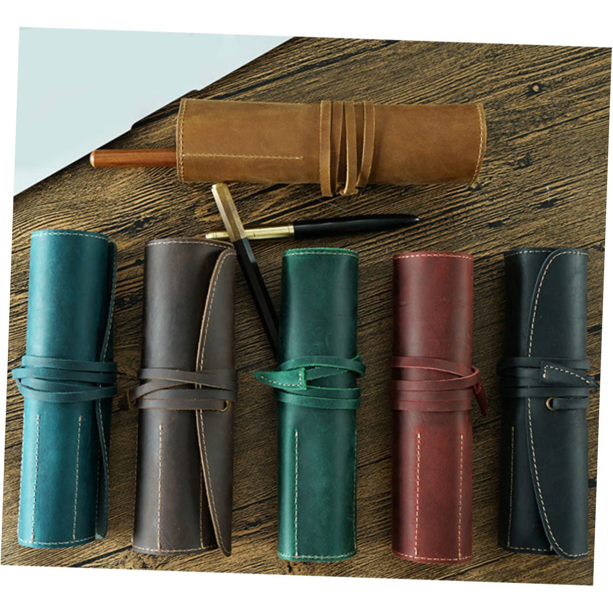 Estuche para Lápices de Cuero Azul Vintage Retro Hecho a Mano