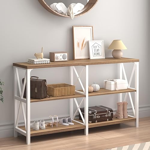 Miniatura 9 de IBF Mesa de entrada de granja, mesa de consola de TV larga rústica detrás del sofá, moderna mesa de sofá de madera de metal con estantes de