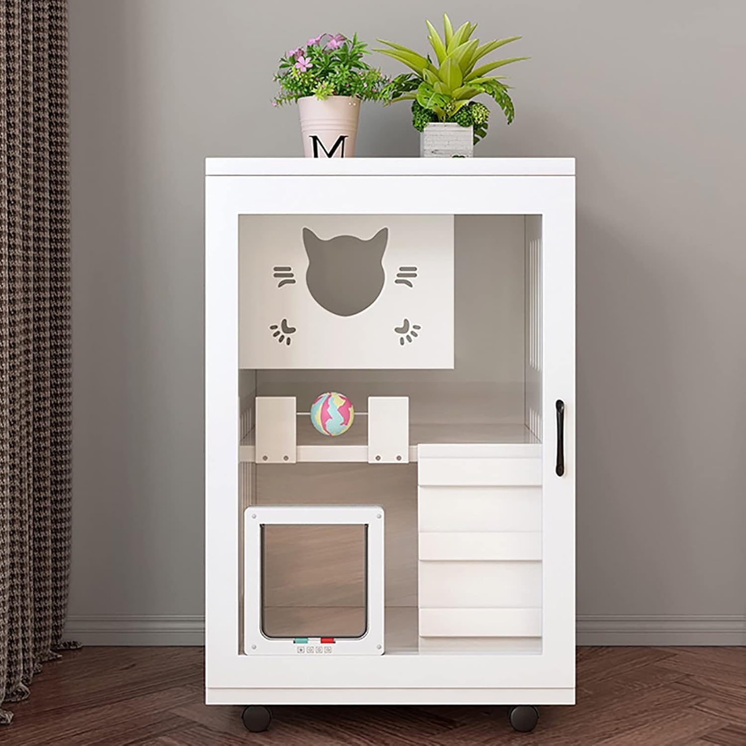 Gabbia pieghevole in legno massello – Porta, 4 ruote, 60x60x90 cm(White)
