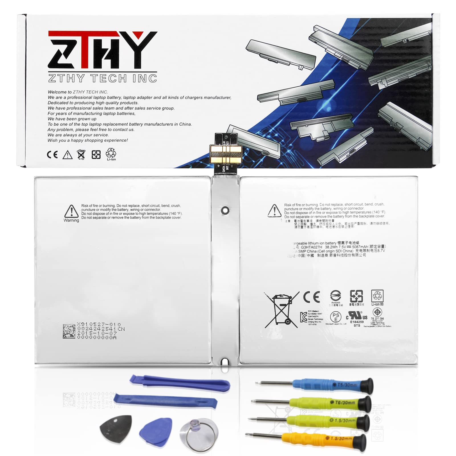 ZTHY G3HTA027H DYNR01 Laptop Battery Replacement for Microsoft Surface Pro 4 1724 12.3'' Series Tablet G3HTA026H 7.5V 38.2Wh 5087mAh