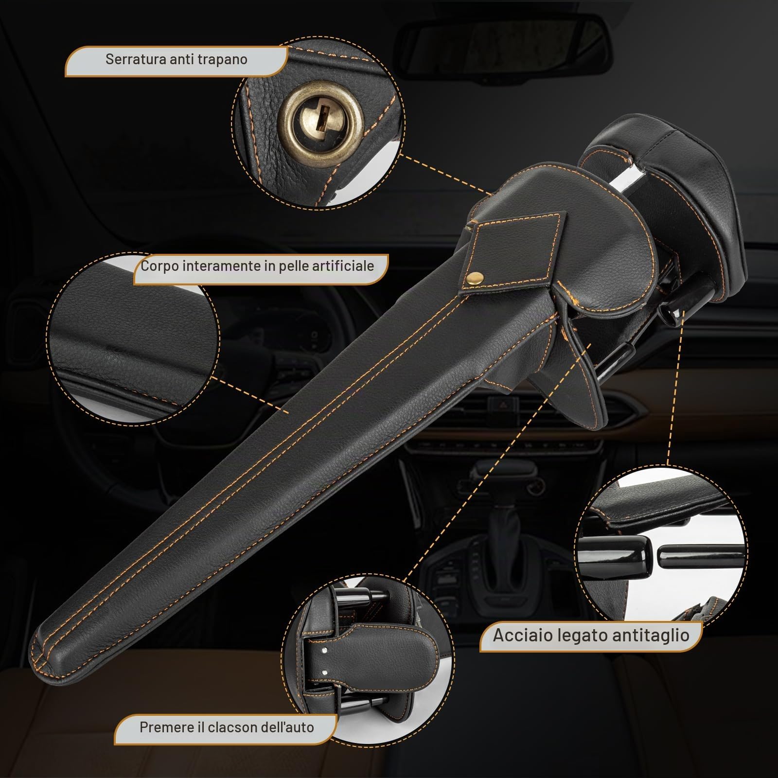 Artiglio per Volante con Doppia Protezione Antifurto - Bloccasterzo per Auto con Blocco Universale Regolabile Rivestimento in Pelle e 2 Chiavi Nero - Per Auto Camper SUV Camion