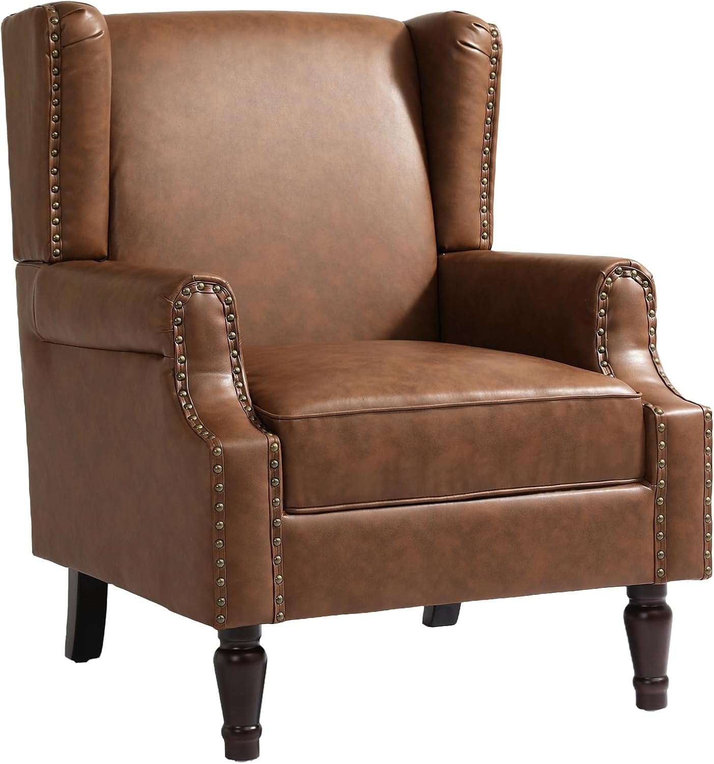 UIXE Faux Leather High Back Accent Chairs Set of 2, Retro Wingback Chair Upholstered Armchair for Living Room, Nailhead Trim Single Sofa Bedroom Reading Seat with Solid Wood Legs - Brown