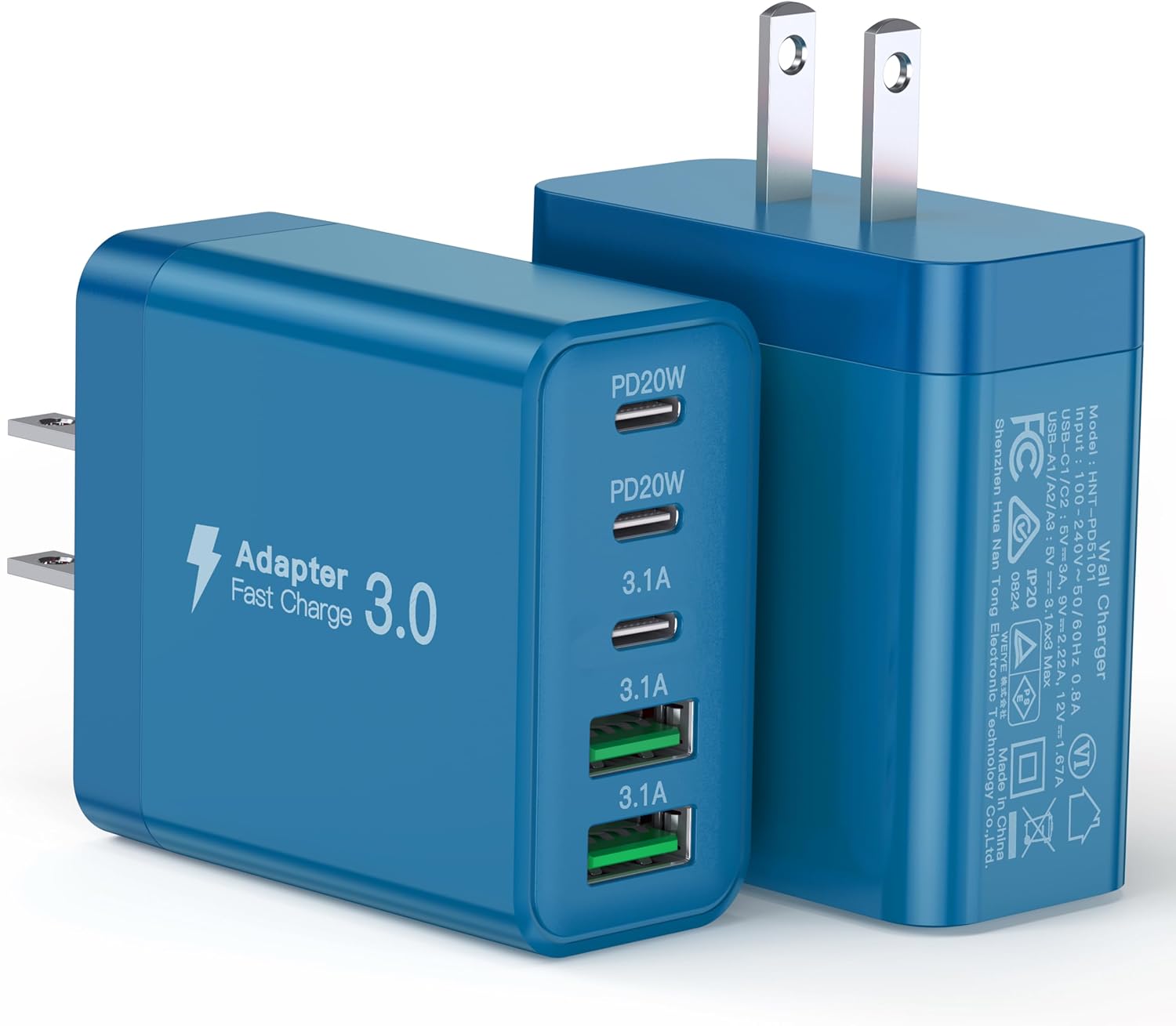 USB C Charger Block, [2-Pack] 50W 5 Port USB C Charger Fast Charging Blocks Cube Brick, USB C Power Adapter 3 USB-C 2 USB A Wall Plug Charger for iPhone 17 16 15 14 13 Pro Max SE XS XR Galaxy, Blue