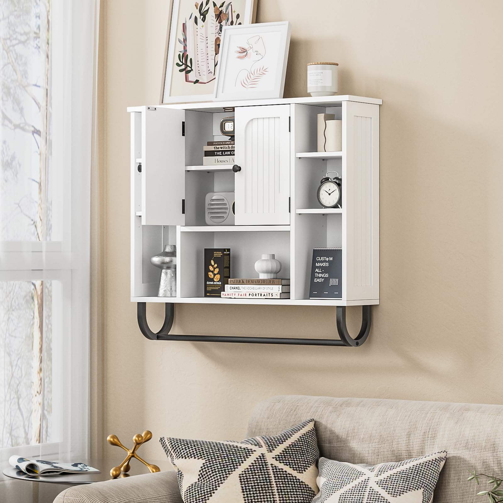 Badezimmerschrank hängend, Weißer Medizinschrank mit 2 Türen, Offener Raum und Verstellbare Regale, platzsparender Hängeschrank für Badezimmer, Küche und Wohnzimmer, 19D x 80W x 72H cm
