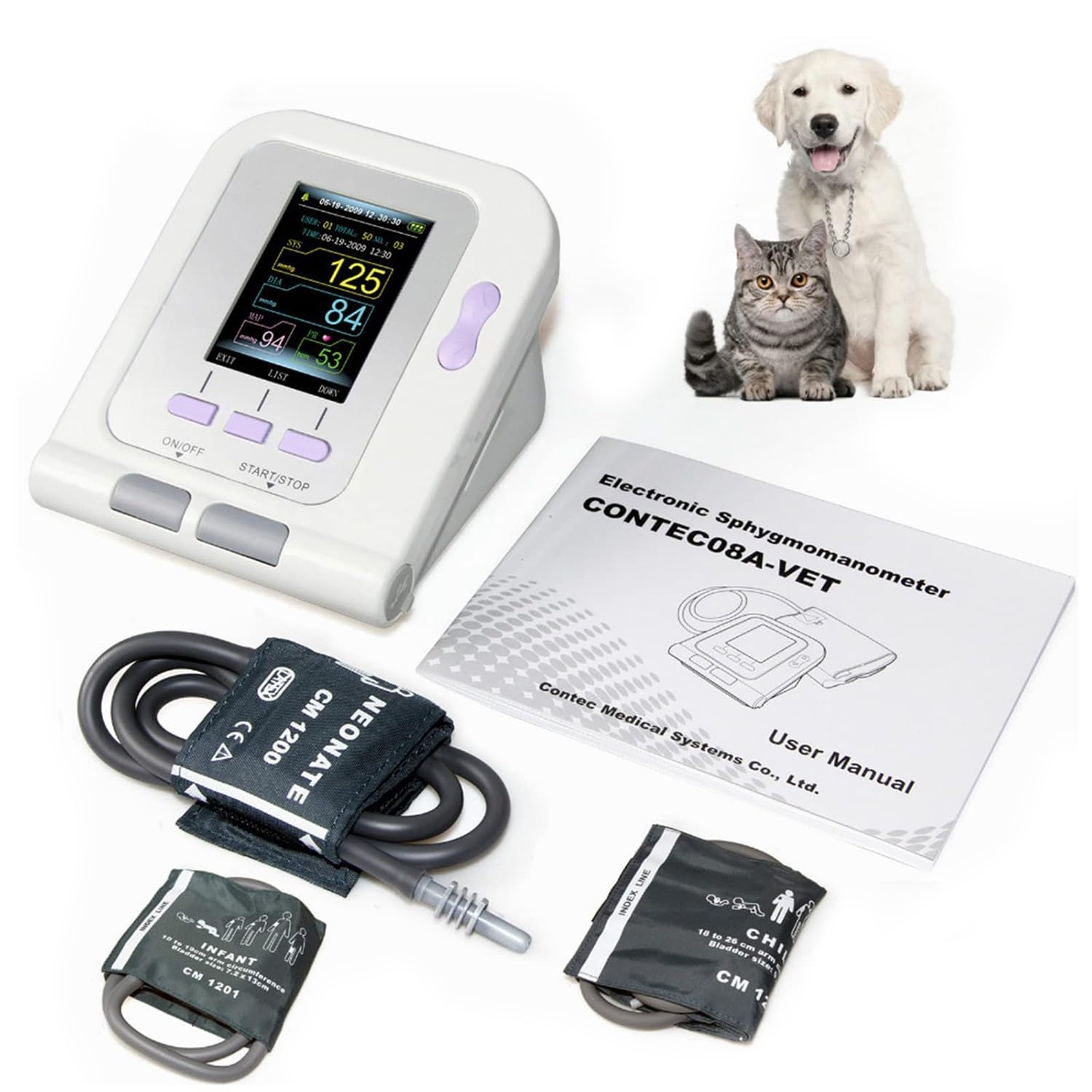 BLUEZY Monitor Presión Arterial Veterinaria, Veterinario/Animal Gato/Perro Monitor Electrónico Automático De Presión Arterial con 3 Puños Y 100 Juegos De Memoria Almacenada