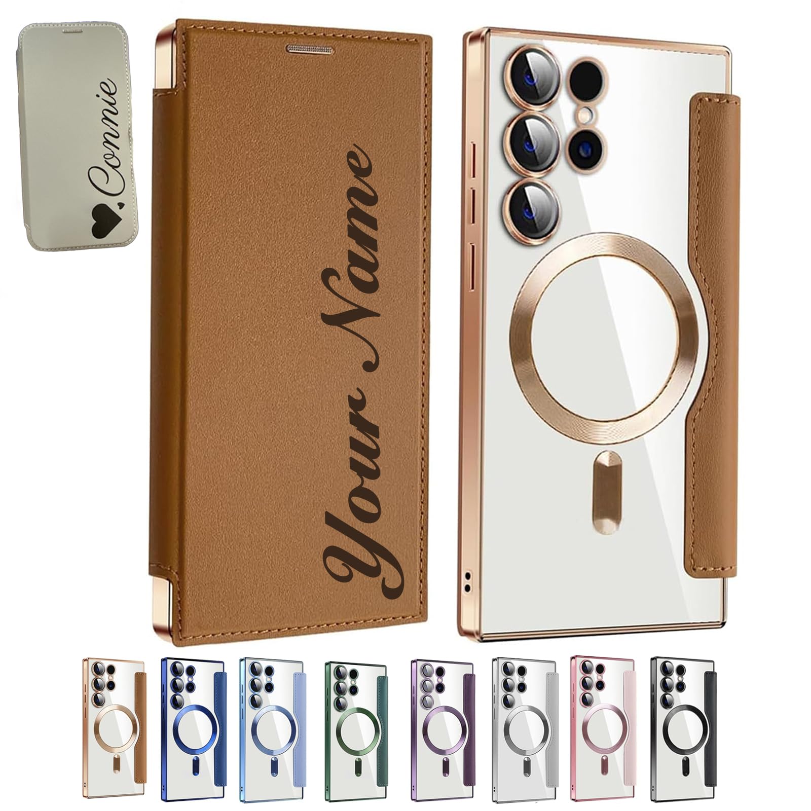 Personalized Leather Textured Flip Phone Case for Samsung S24 Ultra with Card Holder (Brown)