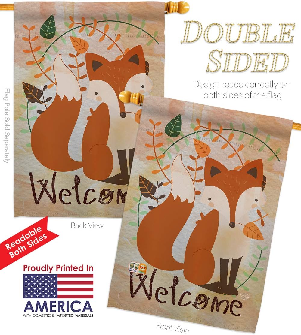 Welcome Fox House Flag Animals Wildlife Outdoor Deer Bear Wolf Pet Nature Farm Animal Creature Small Decorative Gift Yard Banner Double-Sided Made In USA 28 X 40