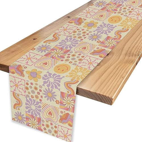 Miniatura 4 de 70s Table Runner, Rustic Blue Wavy Grid Floral Modern Retro Boho Hippie 1960s Abstract Coffee Table Center Decor for Family Kitchen and Dining