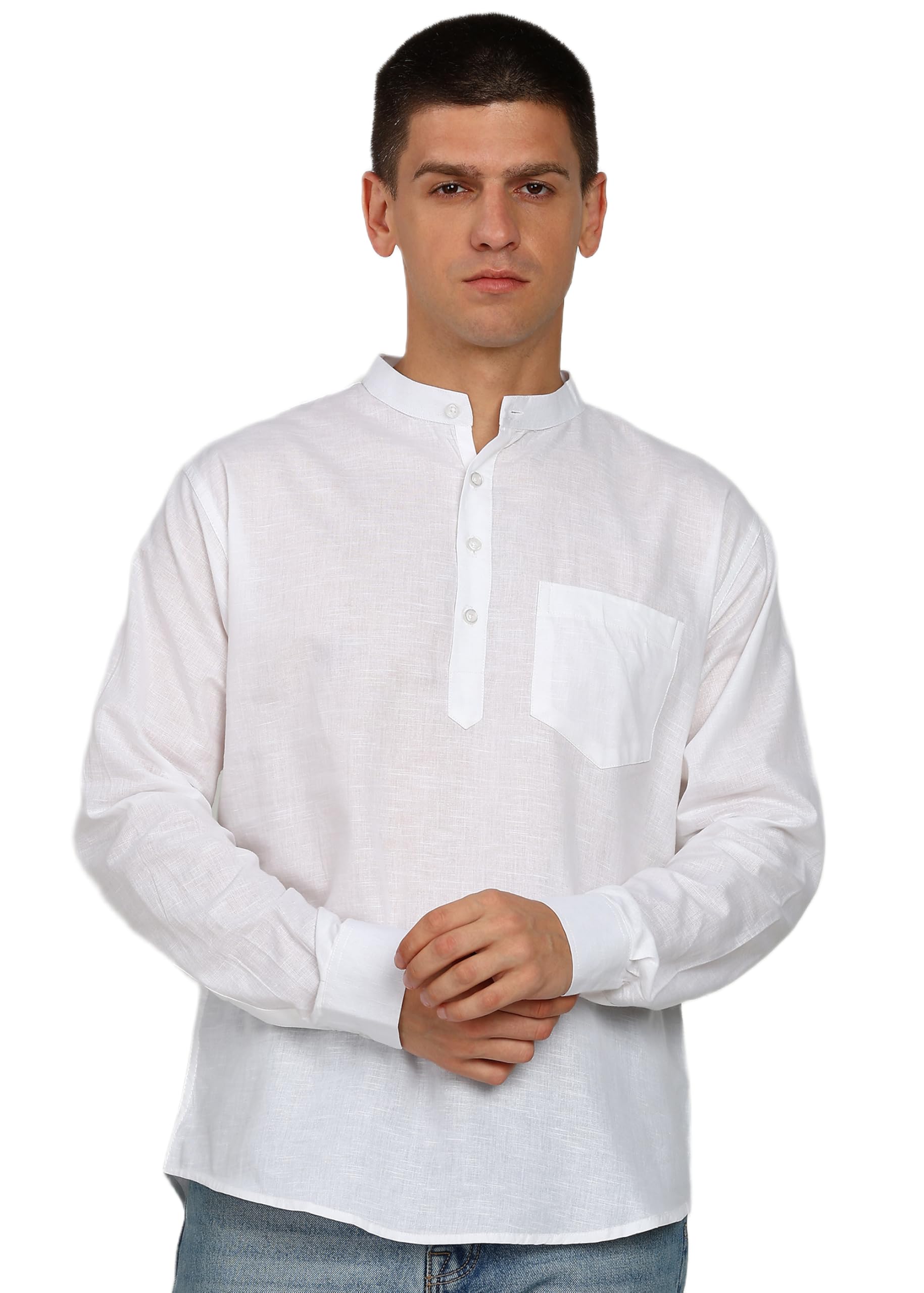 Men’s Light Blue Linen Mandarin Collar Kurta with Pocket | Casual & Ethnic Wear Full Sleeve Kurta for Men