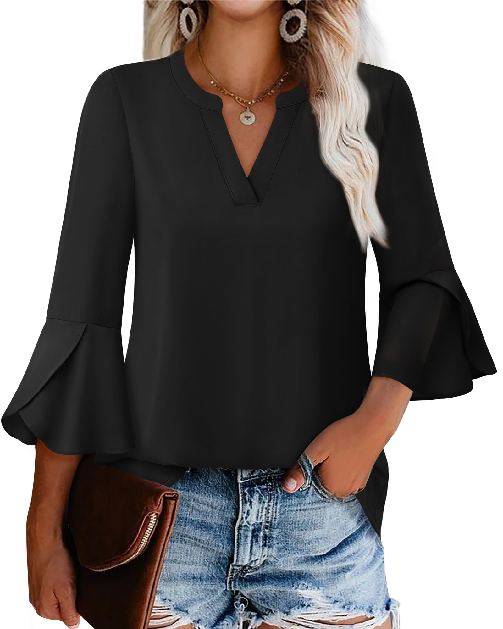 Gaharu Women's Work Blouses Ruffle 3/4 Sleeve Casual Chiffon Tunic Top 
