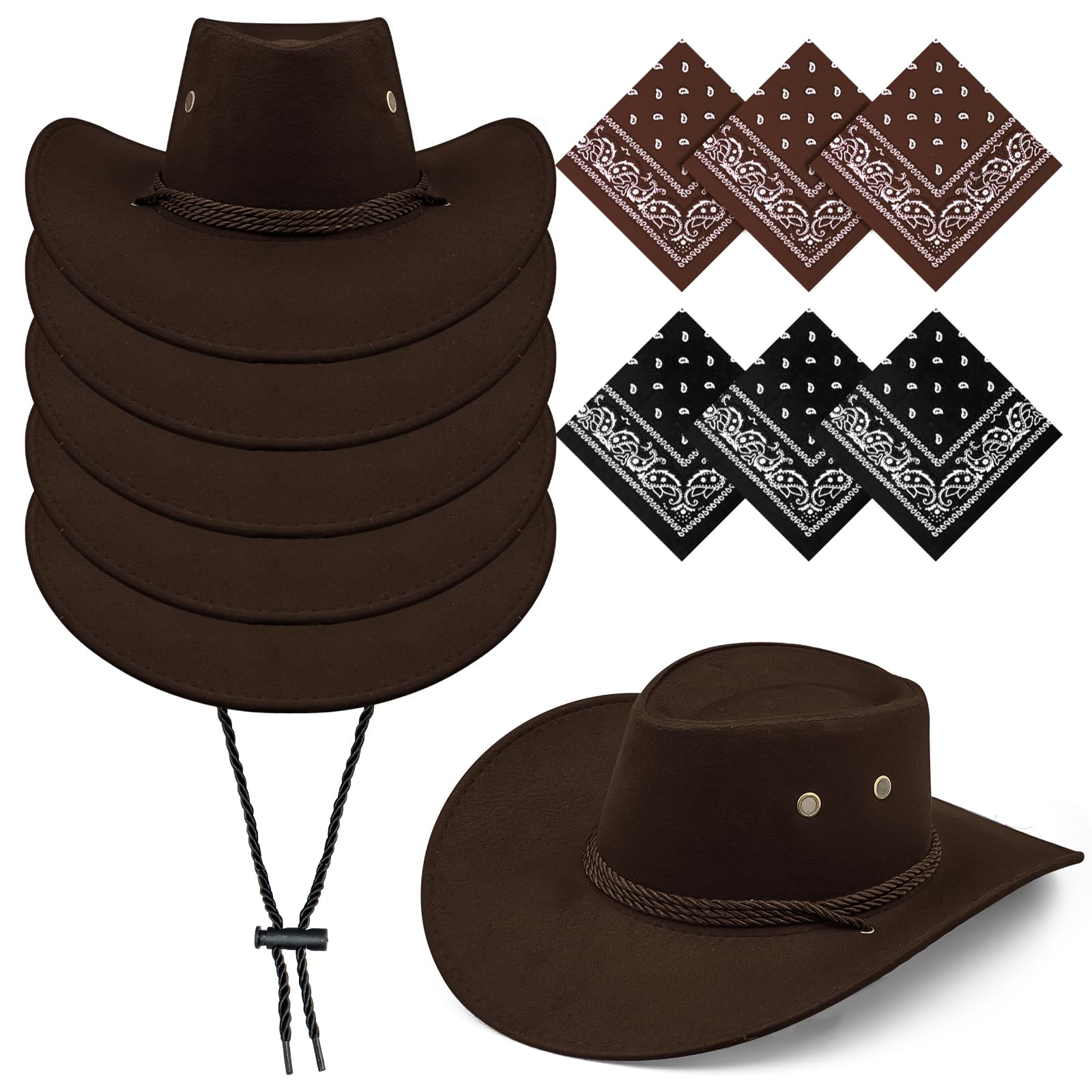 6 Pieces Cowboy Hats with Paisley Bandannas, Classic Western Cowboy Themed Party Hats Set Bulk for Halloween Costume Accessories Cosplay Fancy Dress Party Favorite