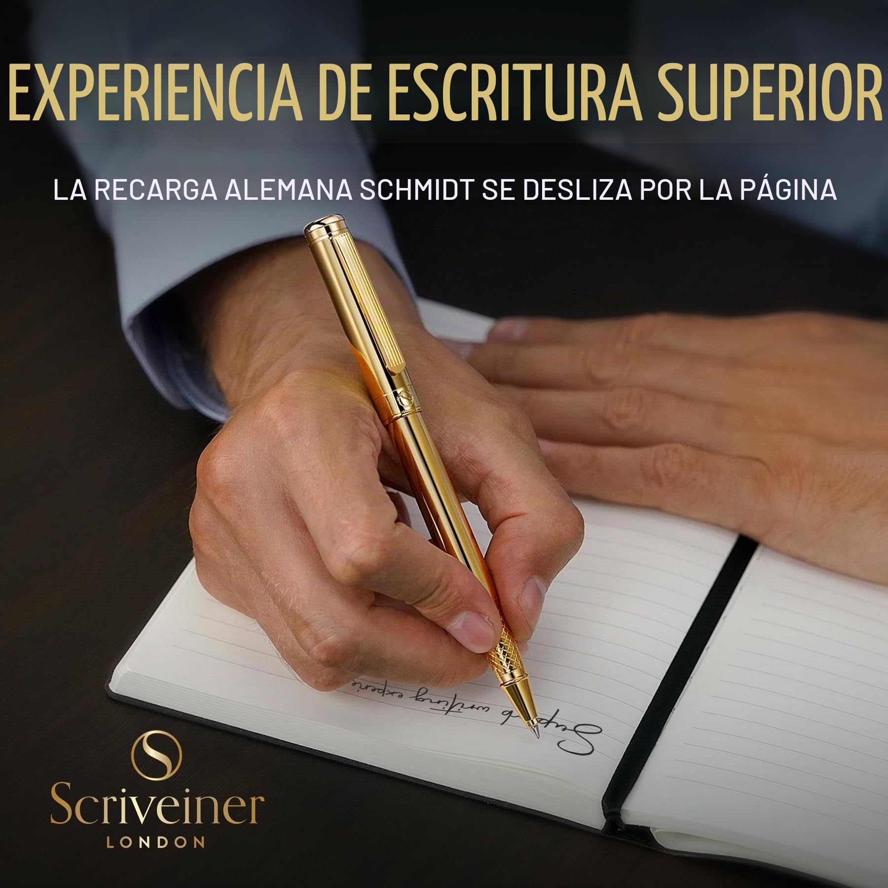 Scriveiner Rollerball Pen Bolígrafo Roller de Gama Alta con Acabado en Chapado en oro auténtico, Recambio Schmidt, Regalo Hombres y Mujeres, Bolígrafos Profesionales de Diseño (Oro)