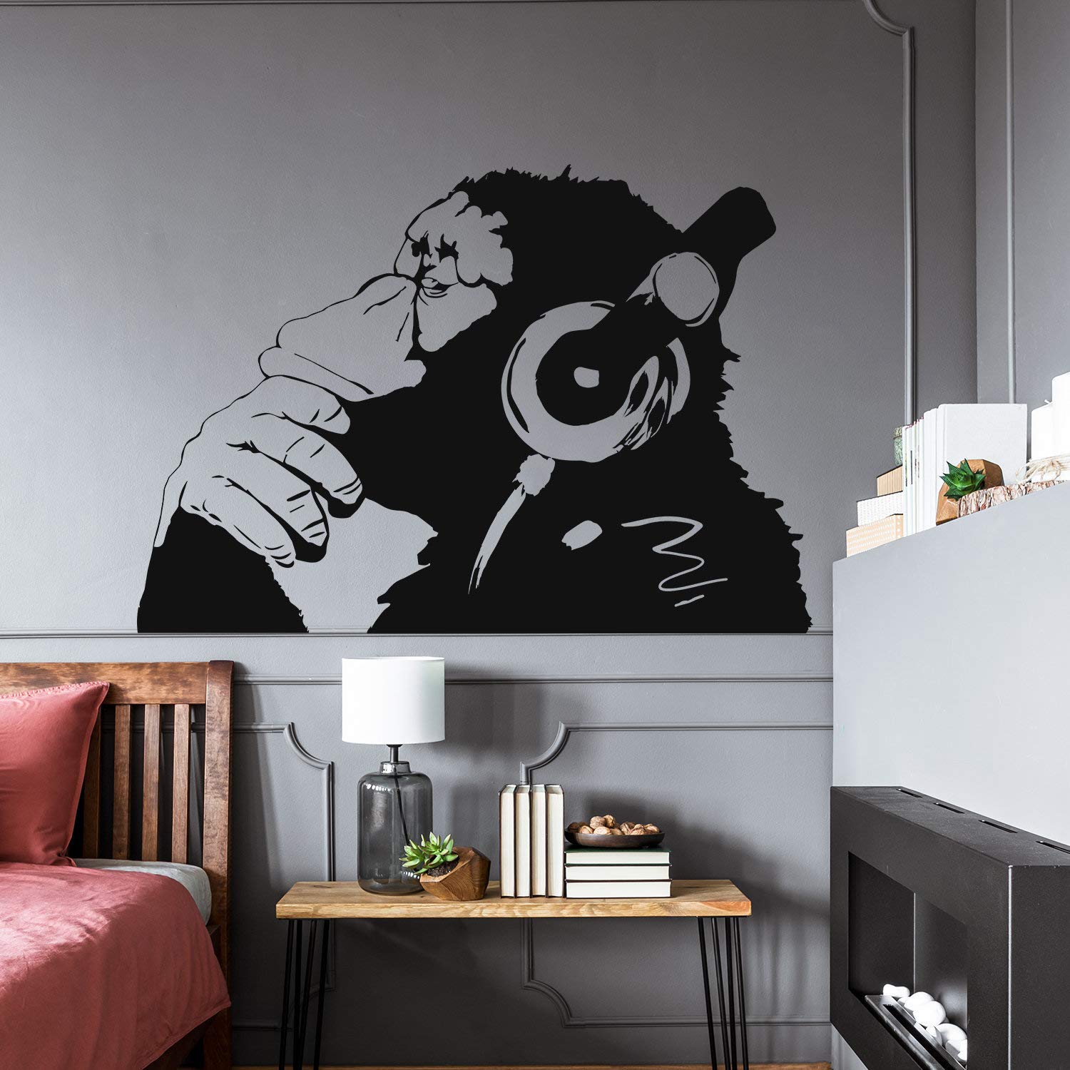 Banksy Thinking Monkey - Adesivo da parete in vinile con stampa dj impermeabile pensatore Smart Decal - Street Thought cuffie Music Think Stickers
