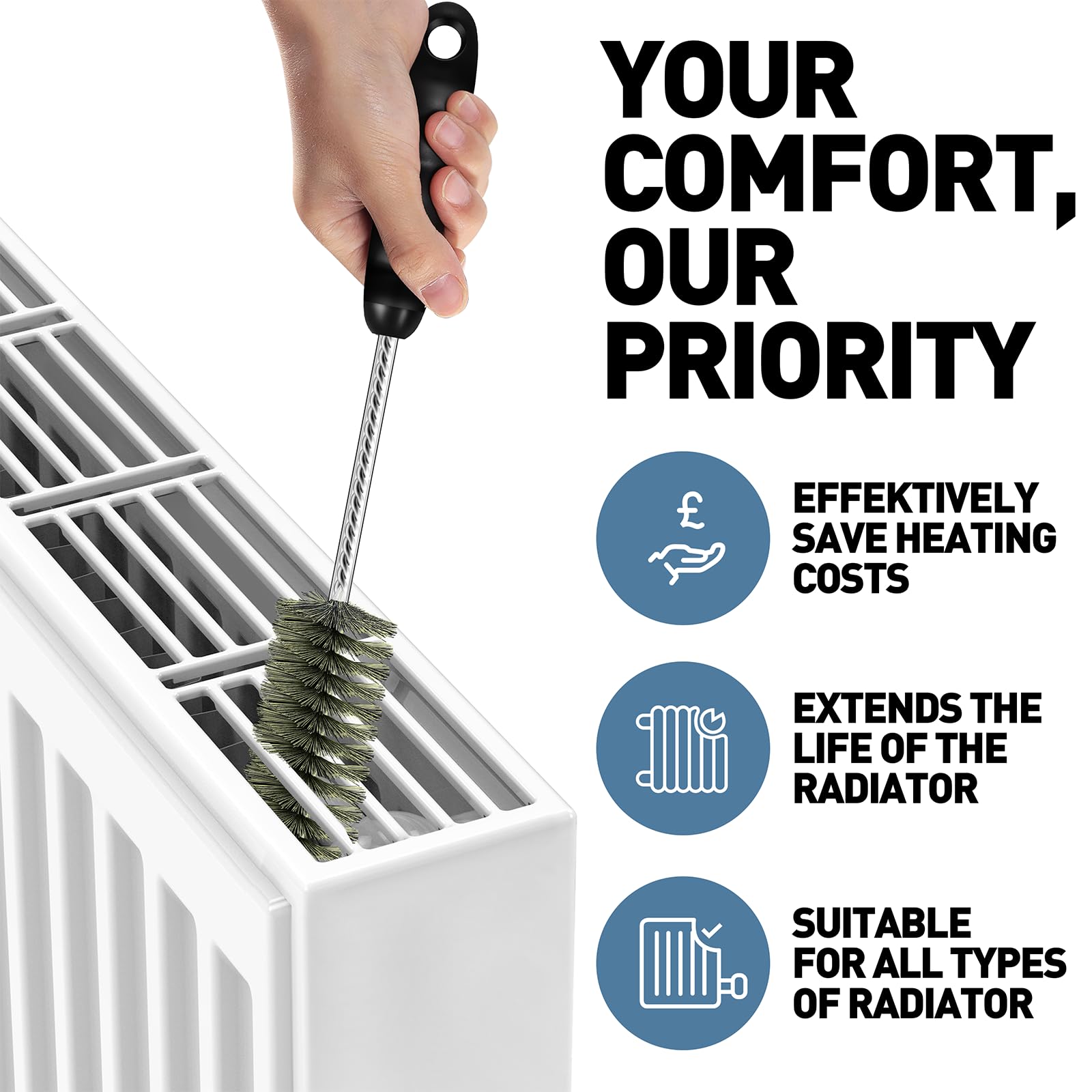Brosse de nettoyage pour radiateur, poils de sanglier fins et longs de 81 cm avec poignée en silicone, flexible et pliable pour nettoyer le plumeau à l'intérieur des ailettes et à l'arrière